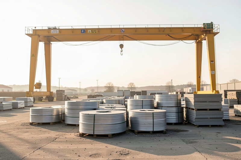 Steel coils and plate stacked in an open storage yard under a yellow gantry crane.