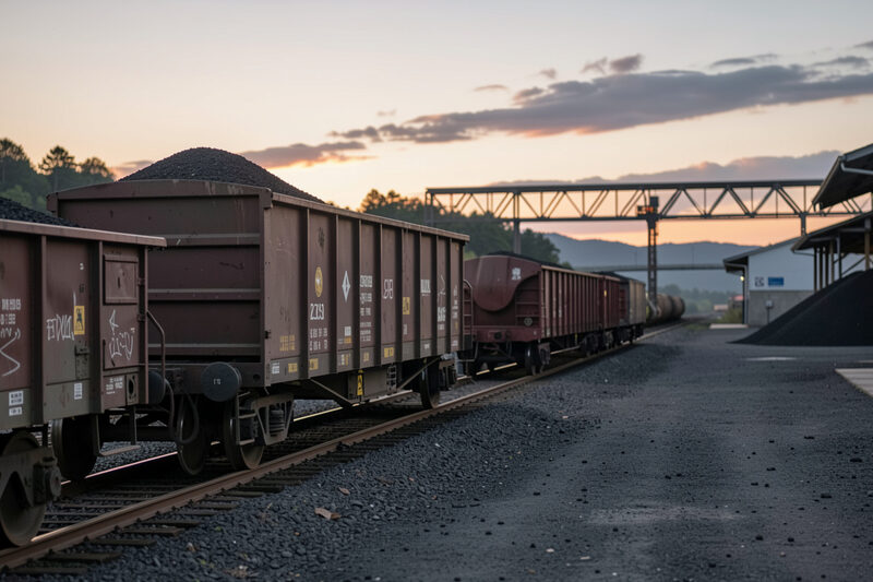 Freight wagons loaded with ore standing on a siding beside a loading yard at dusk.