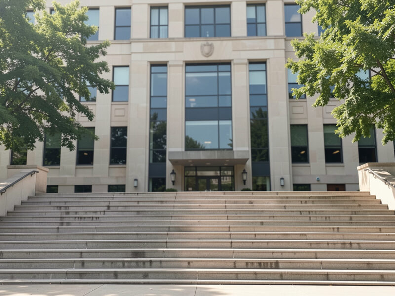 Government office building facade with wide steps and trees in daylight.